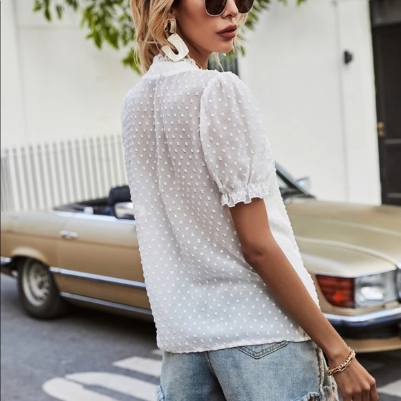 Boho Swiss dot lace contrast V neck blouse - Picture 2 of 6